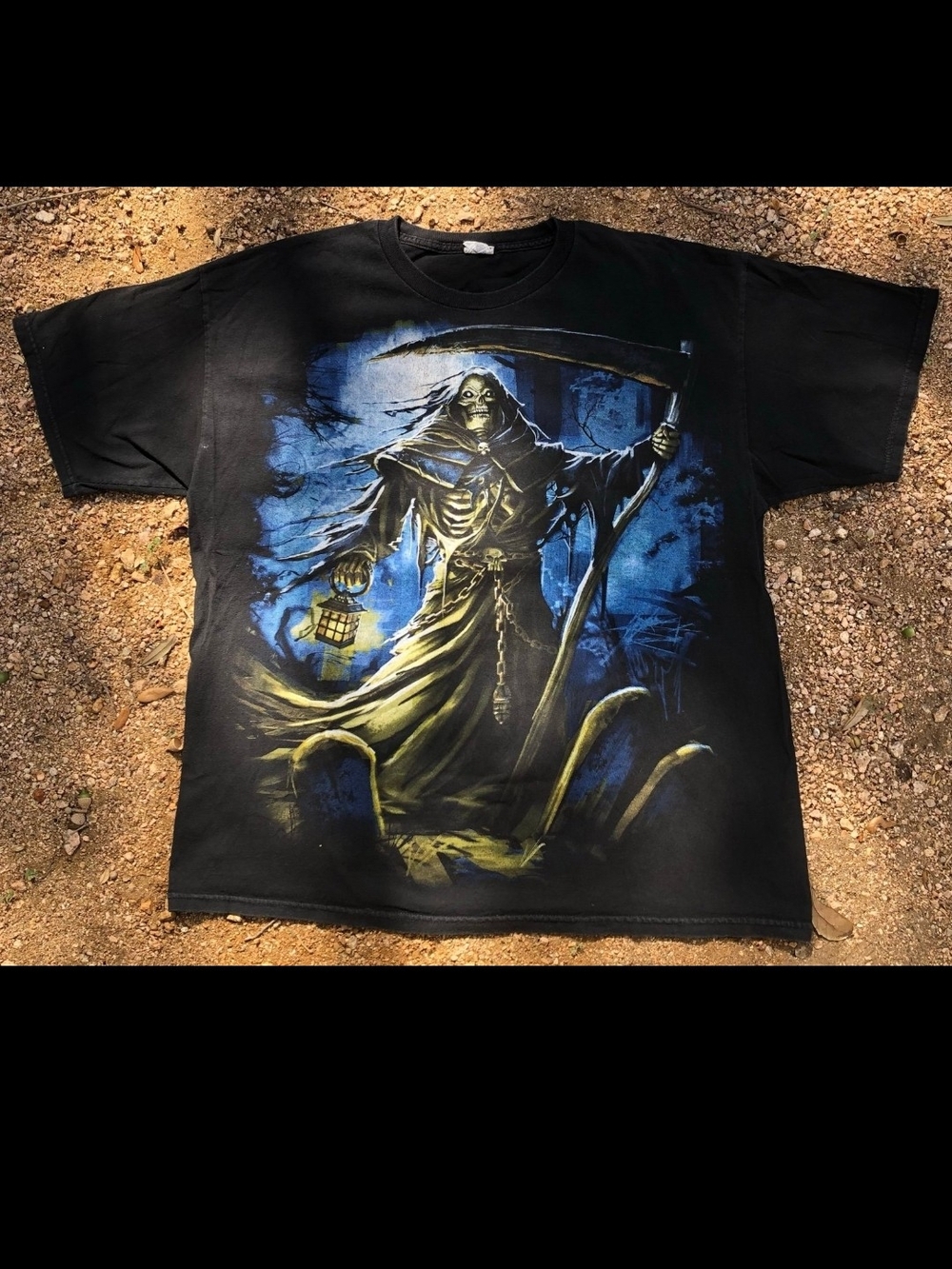 Active USA Black Short Sleeve Tee with Blue and Yellow Grim Reaper Art